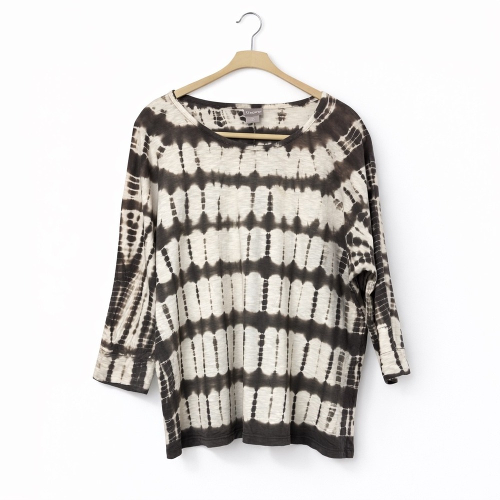 Chico's Tie Dye Top Size 2‎ US Large Brown Cream Cotton Modal 3/4 Sleeve